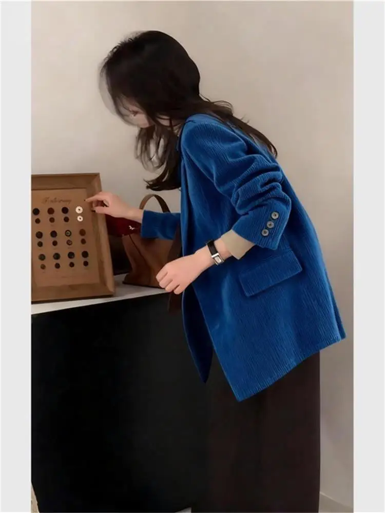 

Blue Corduroy Suit Jaet Women's Ele Unique Beautiful Loose Faionable Top for Office Long Sve One Button Closure