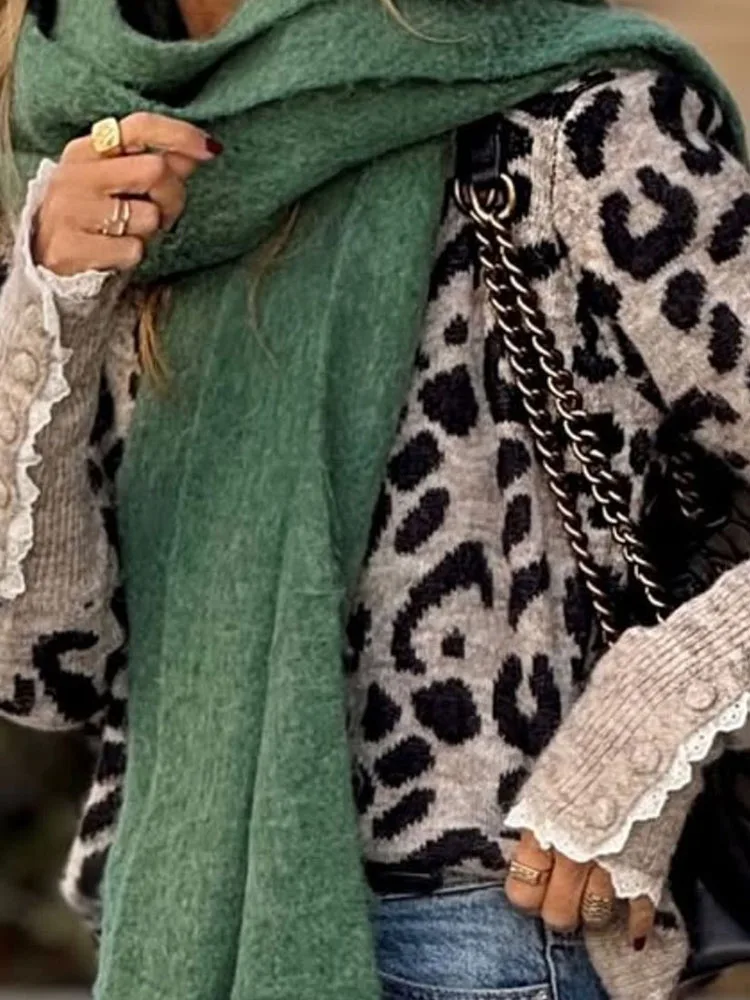 

2025 Elegant Leopard Print Hight Street Sweater Tops Women's Fashion O-neck Knitted Blouse Casual Long Sleeve Pullover Sweater