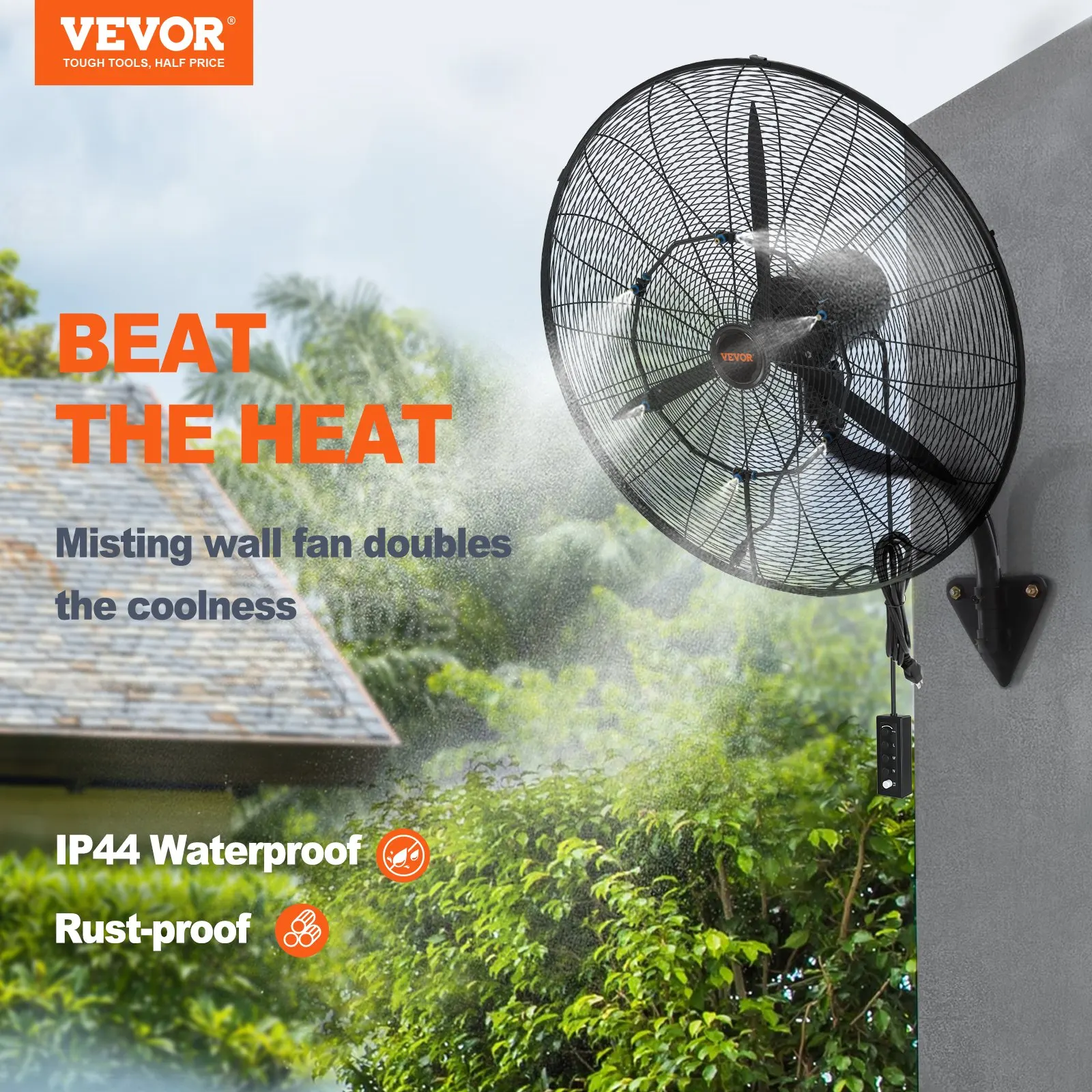 VEVOR Wall-Mount Misting Fan, 24 Inch, 3-speed High Velocity Max. 7000 CFM, Waterproof Oscillating Industrial Wall Fan, Commerci