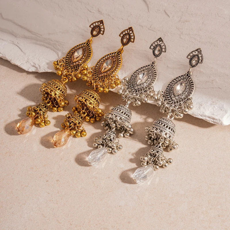 Vintage Ethnic Crystal Rhinestone Wind Chime Tassel Stainless Steel Post Earrings Euro-US High-End Elegant For Women