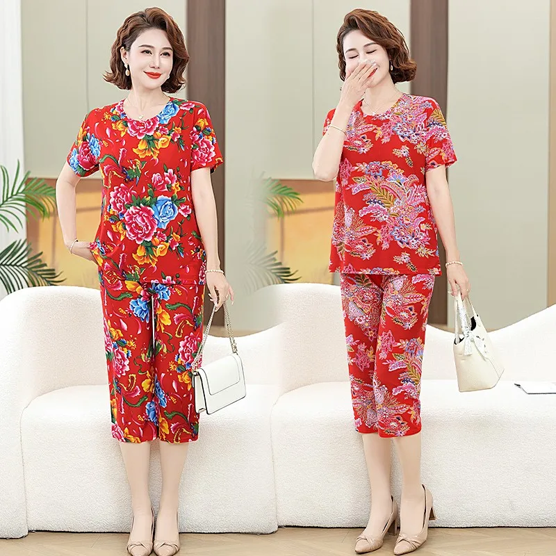 Middle-aged and Elderly Women Summer Short Sleeve Floral Print Loose  T-shirt Top Wide-leg Pant 2PCS Set Mother suit