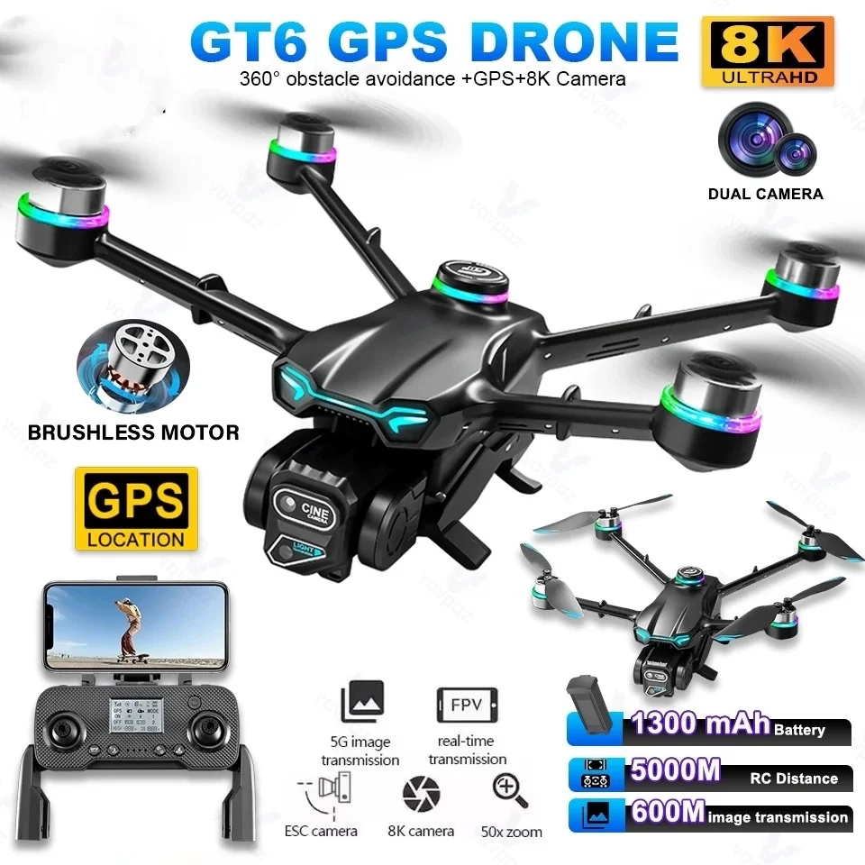 MINI GT6 GPS Rc Drone 8K HD Dual Camera Electric Control 5G Wifi Aerial Photography Obstacle Avoidance Brushless Gps Drone Toy