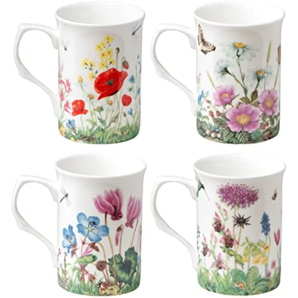 Bone China Mugs Set 4 Pieces 9 oz Capacity Microwave Dishwasher Safe Multicolor Floral Patterns Elegant Thin-Wall Ceramic Drinkw