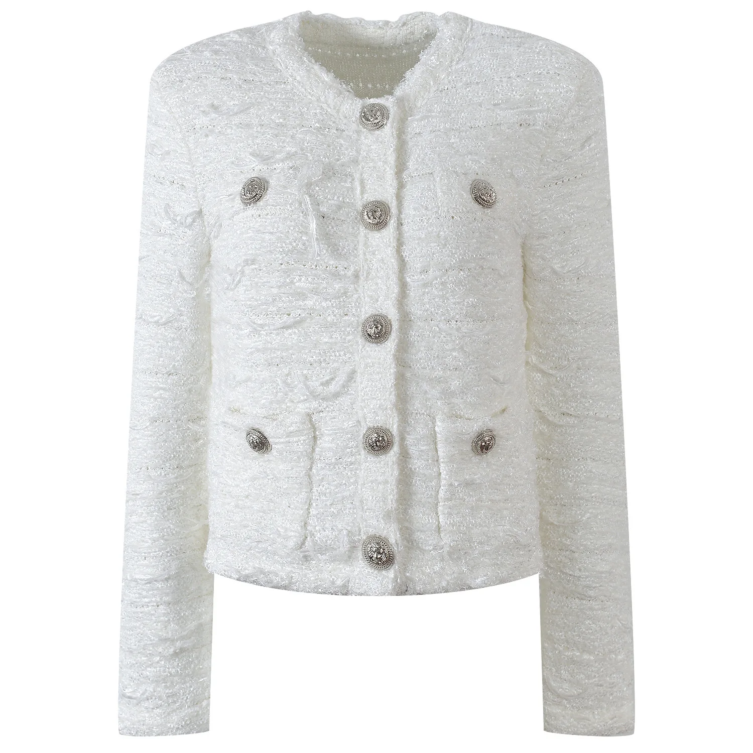 

French-Inspired Elegance. Elevate your basics with this round-neck bouclé cardigan, detailed with luxurious metal buttons.