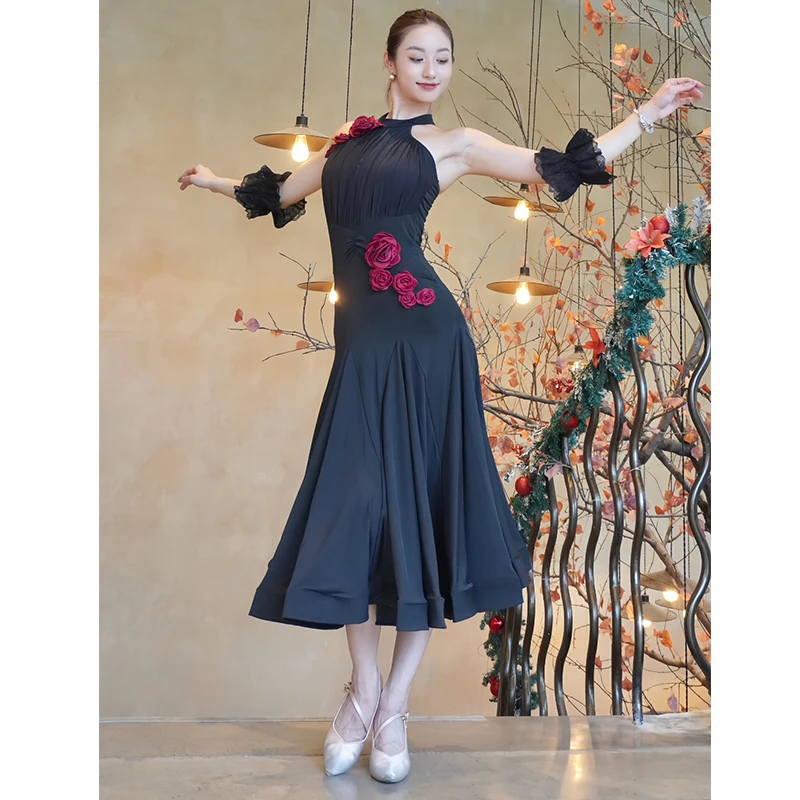 2024 Ballroom Dance Dress Women Flower White Black Practice Clothes Waltz Dance Performance Wear Group Competition Dress BL13437