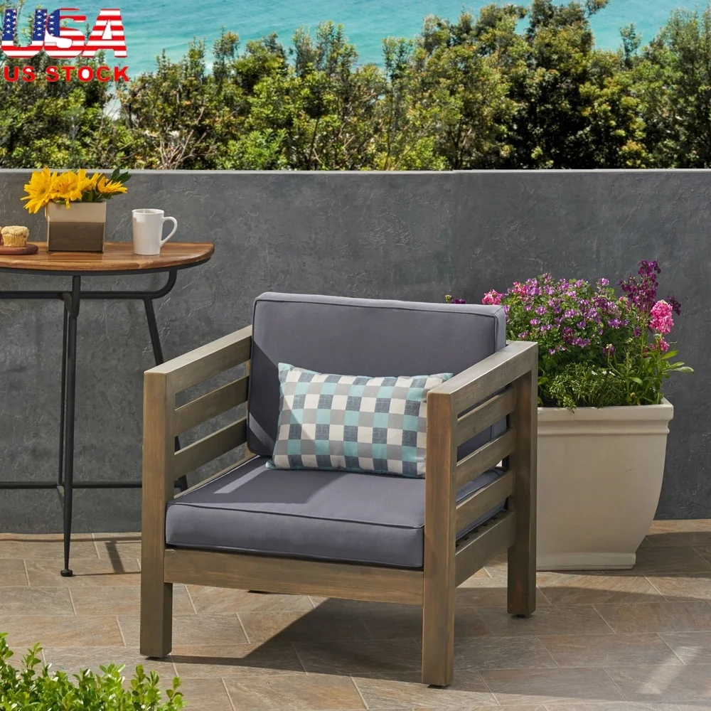 

Mid-Century Modern Acacia Wood Club Chair with Water-Resistant Cushions Outdoor Patio Backyard Furniture Assembly Required