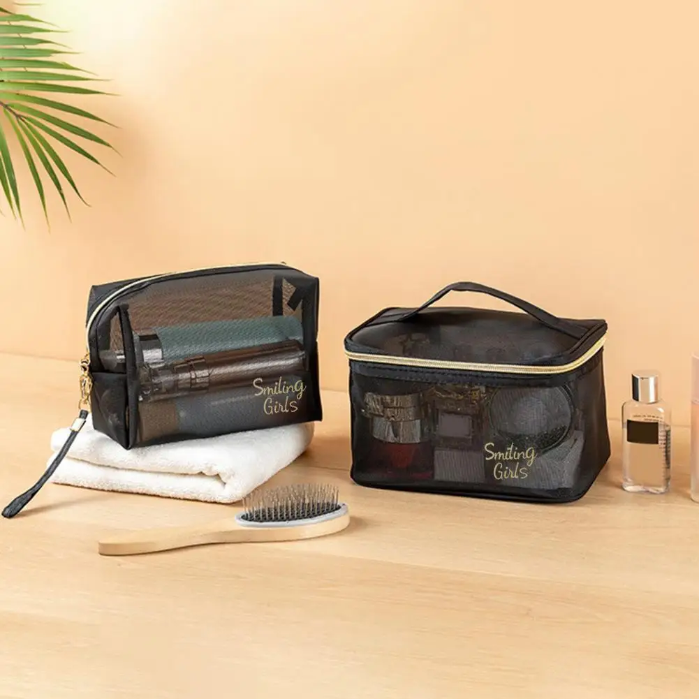 Pretty Mesh Cosmetic Bag Space-saving Cosmetic Bag Double Zippers Travel Toiletry Makeup Bag  Storage
