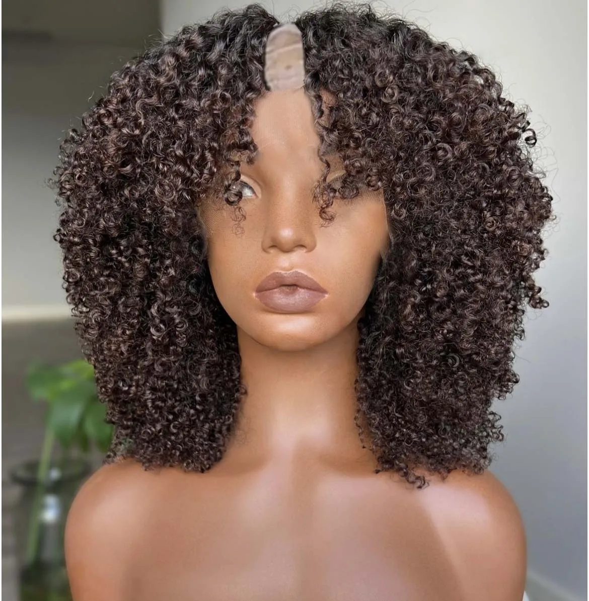 Ombre Chocolate Brown V Part Wig with Clip for Black women Remy Martin 100% Human hair 250 Density Brown Curly U Part 1x4 open