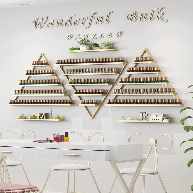 5-Tier Wall-Mounted Metal Nail Polish Display Rack Triangular Floating Wall Mount Shelves for Nail Salon Space-Saving