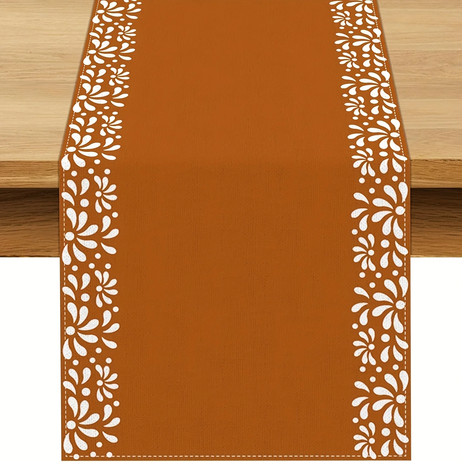 Mexican Platos De Barro Table Runner - Orange White Floral Dia De Los Muertos Fiesta Decor