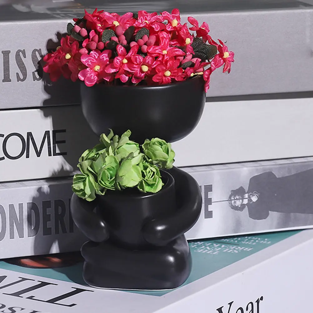 

2Pcs Ceramic Succulent Flower Pot Creative Human Figure Planter Small Indoor Plant Pot Decorative Office Table Garden Gift