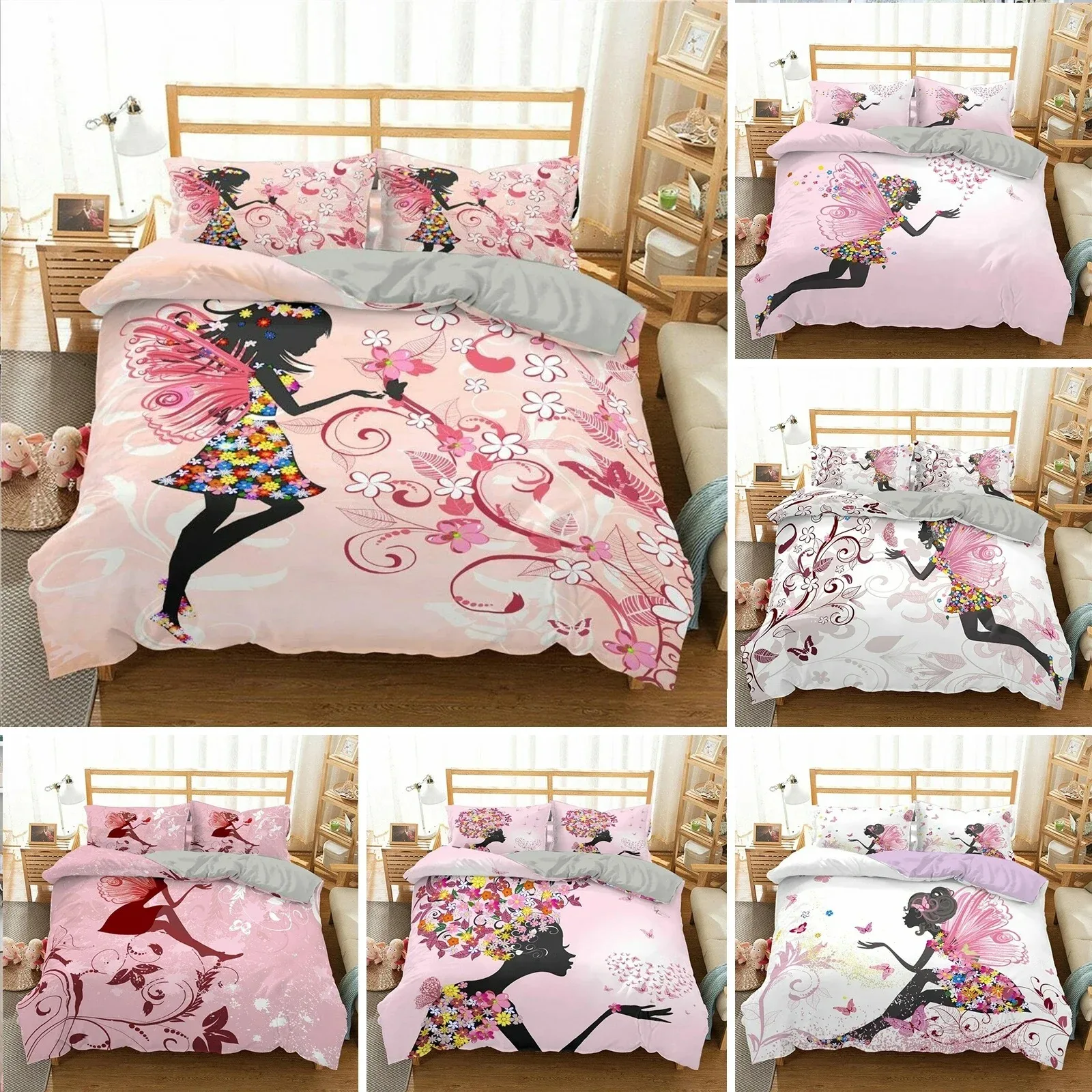 Romantic Style Duvet Cover Fairy Girl with Wings Pattern Bedding Set Women Couple Flying Butterflies Polyester Comforter Cover