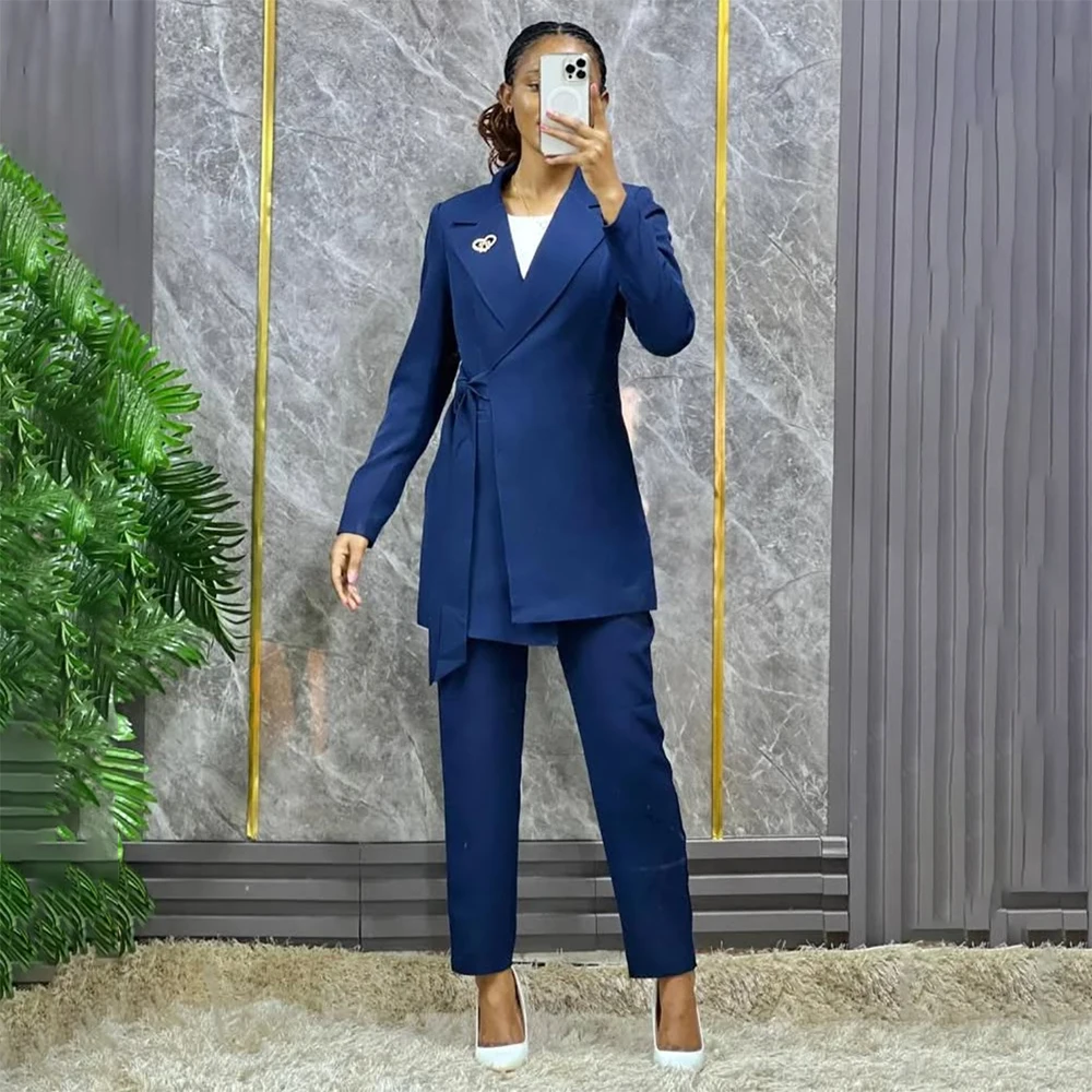 High Quality Women's Suits Blue 2 Piece Jacket Pants Sets Bespoke Peak Lapel Blazer Luxury Office Work Female Clothing Outfits