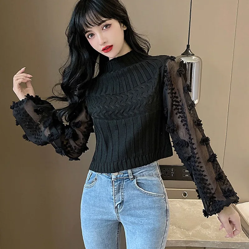 Women Half High Collar Sweaters Jumper Bubble Sleeve Mesh Stitching Tight Slim Short  Knitted Tops Sweet Flowers Chiffon Shirt