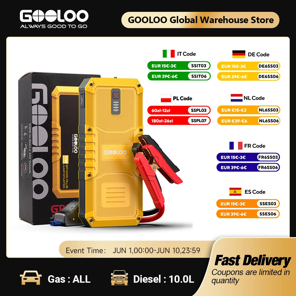 GOOLOO 4000A Power Bank de Démarrage 20000mAh, Démarreur de Voiture, Batterie Externe 12V, Dispositif de Démarrage pour Essence et Diesel