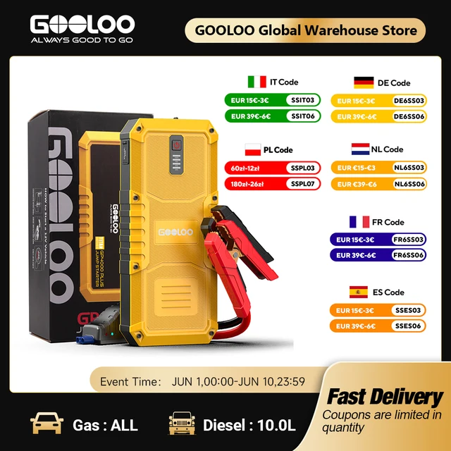 GOOLOO 4000A Power Bank Rozruchowy 20000mAh Jump Starter Rozruchowy Akumulator Samochodowy Zewnętrzny Akumulator 12V Urządzenie Rozruchowe do Silników Benzynowych i Diesla Powerbank