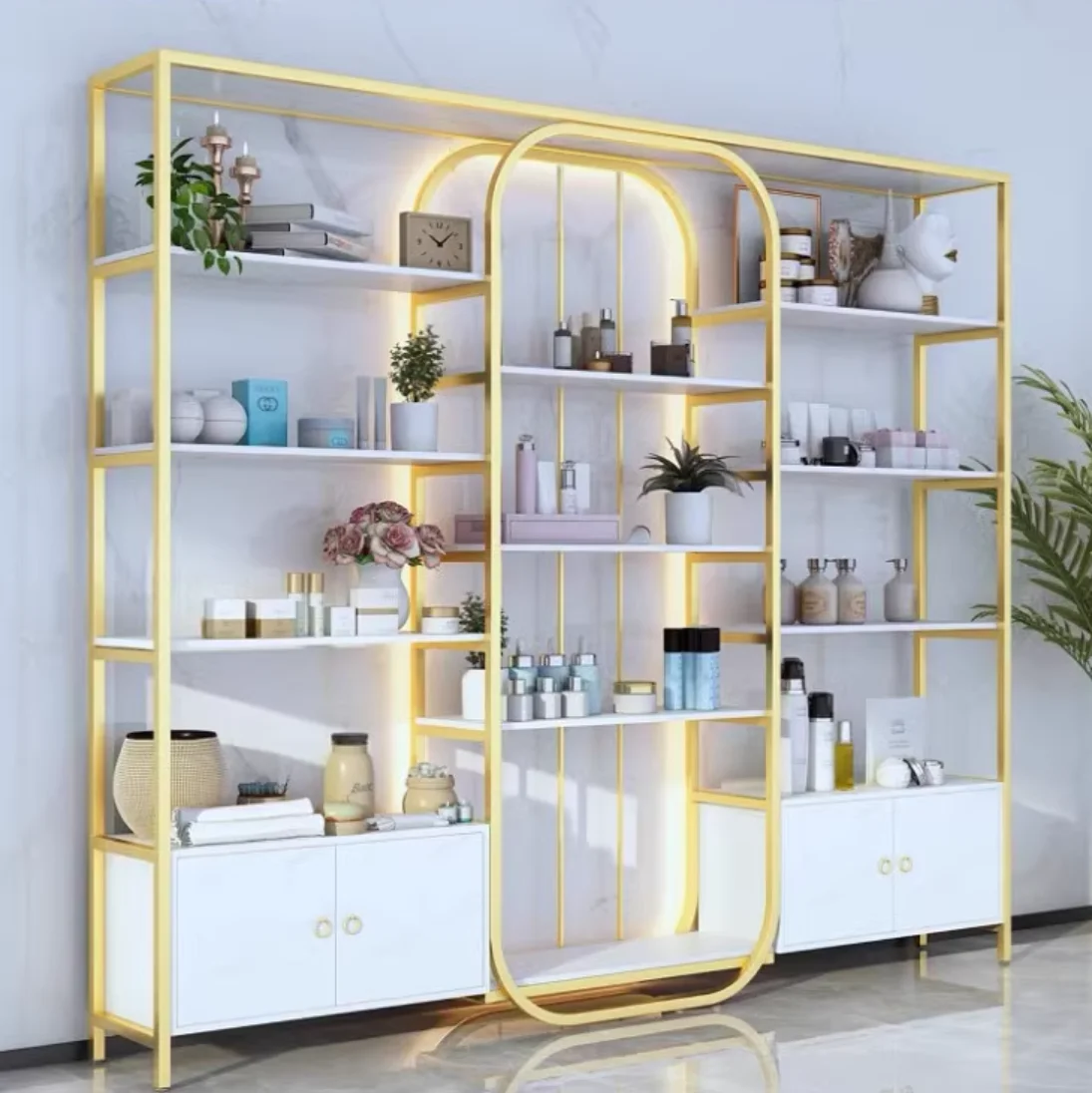 Cosmetics beauty salon skin care products display cabinet Nail makeup store shelves Hair health club live storage rack