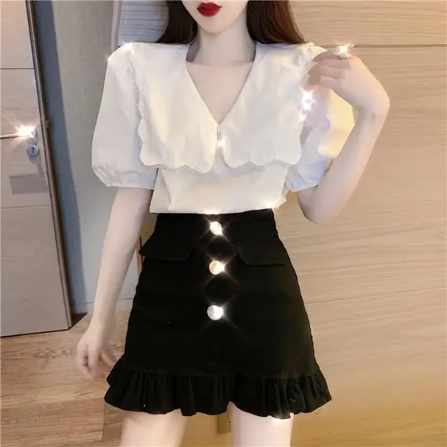 Two-piece skirt women's summer new bubble sleeve V-neck shirt temperament women's high waist wooden ear A-shaped skirt