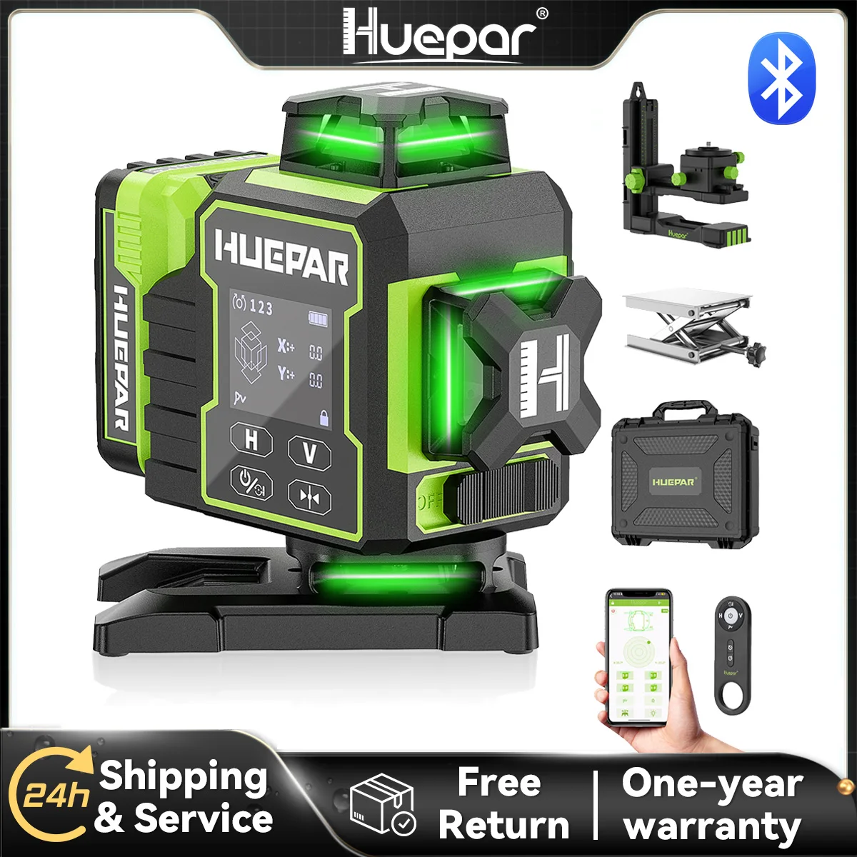 Huepar W04CG Laser Level Green Cross 4D 16 Lines Bluetooth Lazer Leveler With Electric Rotating Base & Large LCD Screen & Remote