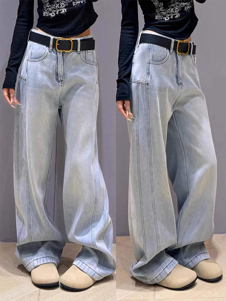 

Прямые джинсы больших размеров в стиле ретро, женские длинные брюки с высокой талией, потертые утягивающие свободные широкие брюки длиной до пола