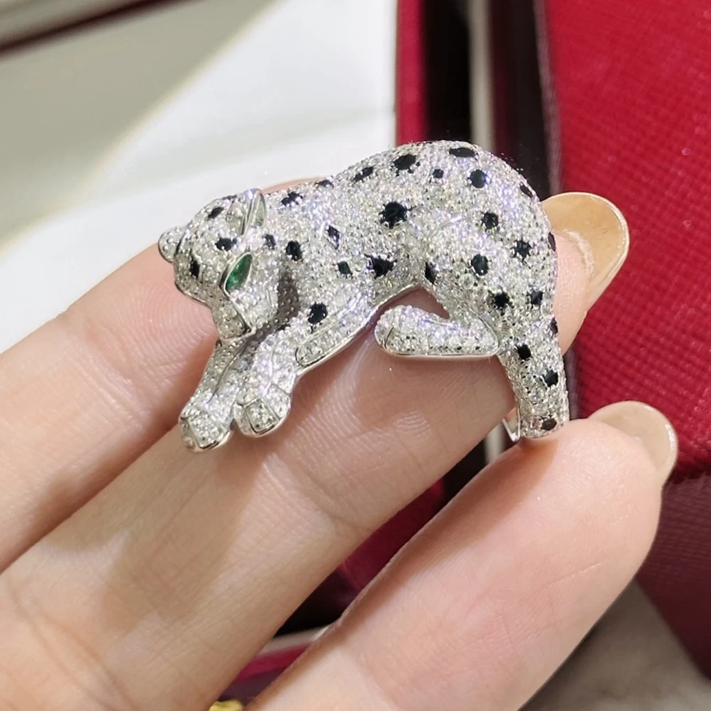 Luxury 925 Sterling Silver Black Enamel Spot High Carbon Diamond Panther Shaped Leopard Open Ring for Man or Woman Fine Jewelri