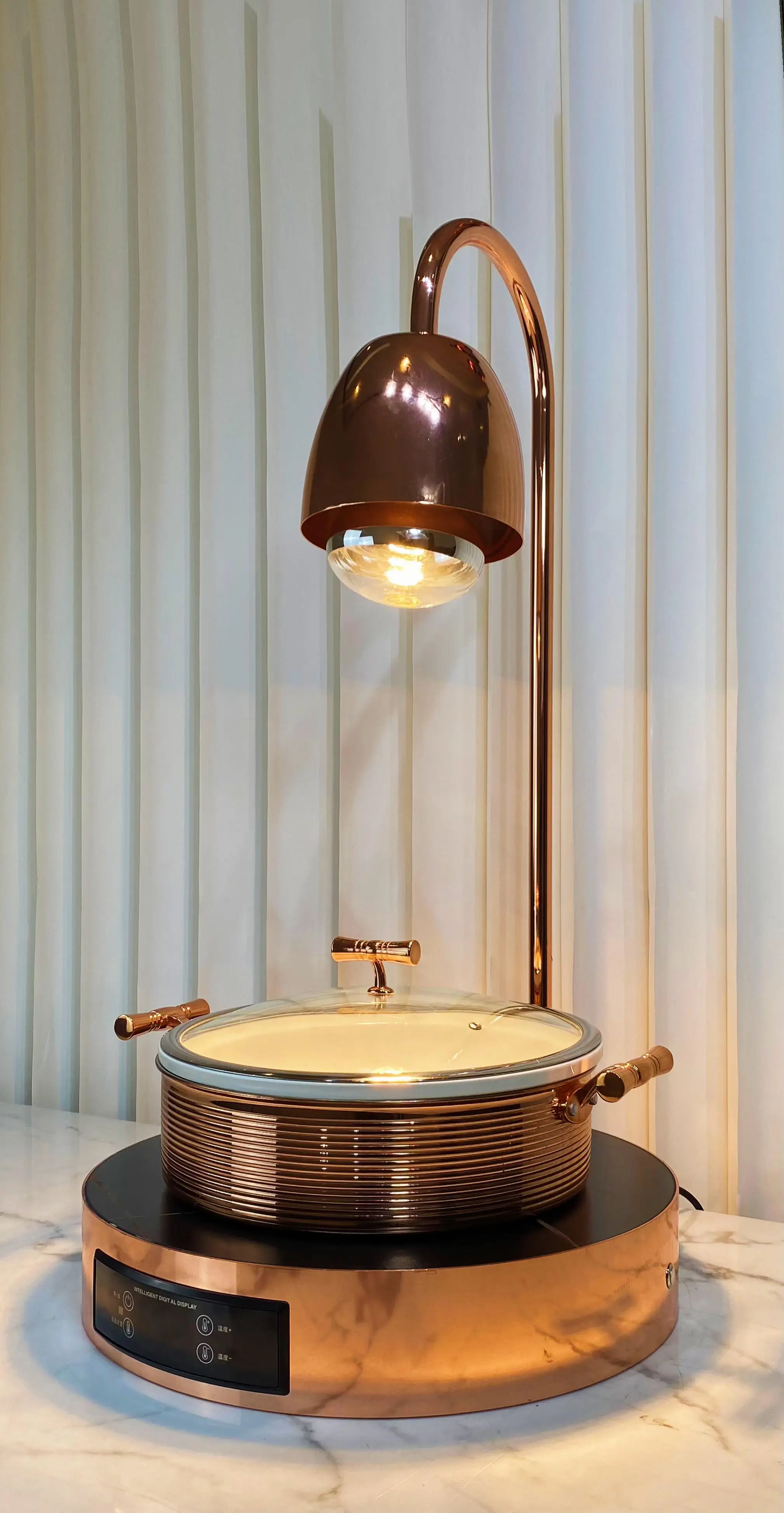 Lampada Riscaldante per Alimenti a Doppia Testa in Acciaio Inox Oro Rosa, Controllo Digitale, Piastra Elettrica Riscaldante per Buffet