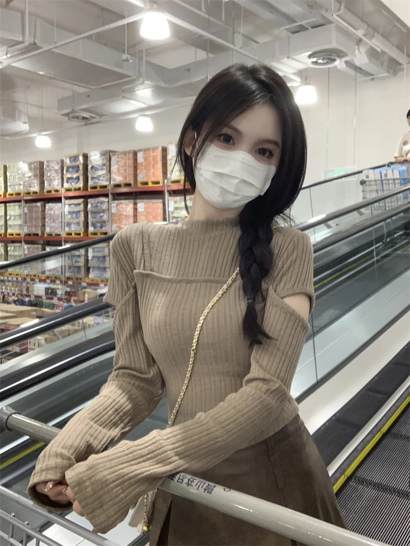 

Slim Fit Long Sve Трикотажная основа irt Женский дизайн с вырезом f Высокий воротник Весна Осень Новый топ Faion