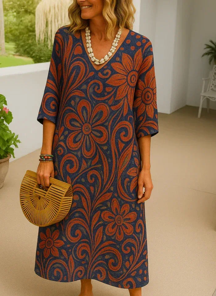 Damen-Hemdkleid, Sommermode, bequem, lässig, V-Ausschnitt, Blumenmuster, 3D-gedruckt, ärmellanges Kleid