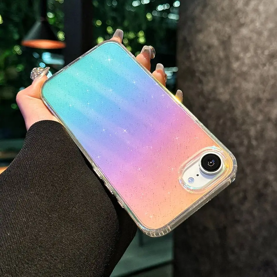قوس قزح التدرج بريق بلينغ شبكة نمط الحال بالنسبة آيفون 16E 16 15 14 زائد 13 12 11 برو ماكس الملونة واضح غطاء مقاوم للصدمات