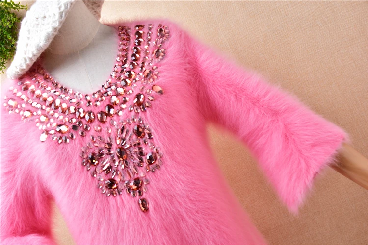 lady women fashion sweet pink beaded mink cashmere knitted three quarter sleeves v-neck slim blouse pullover angora fur sweater