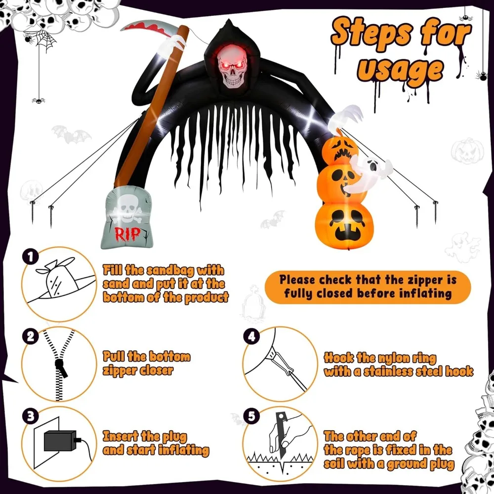 Halloween tiup, 12 kaki Halloween Grim Reaper tiup, dekorasi luar ruangan yang menakutkan gapura dengan lampu yang telah menyala, pukulan H