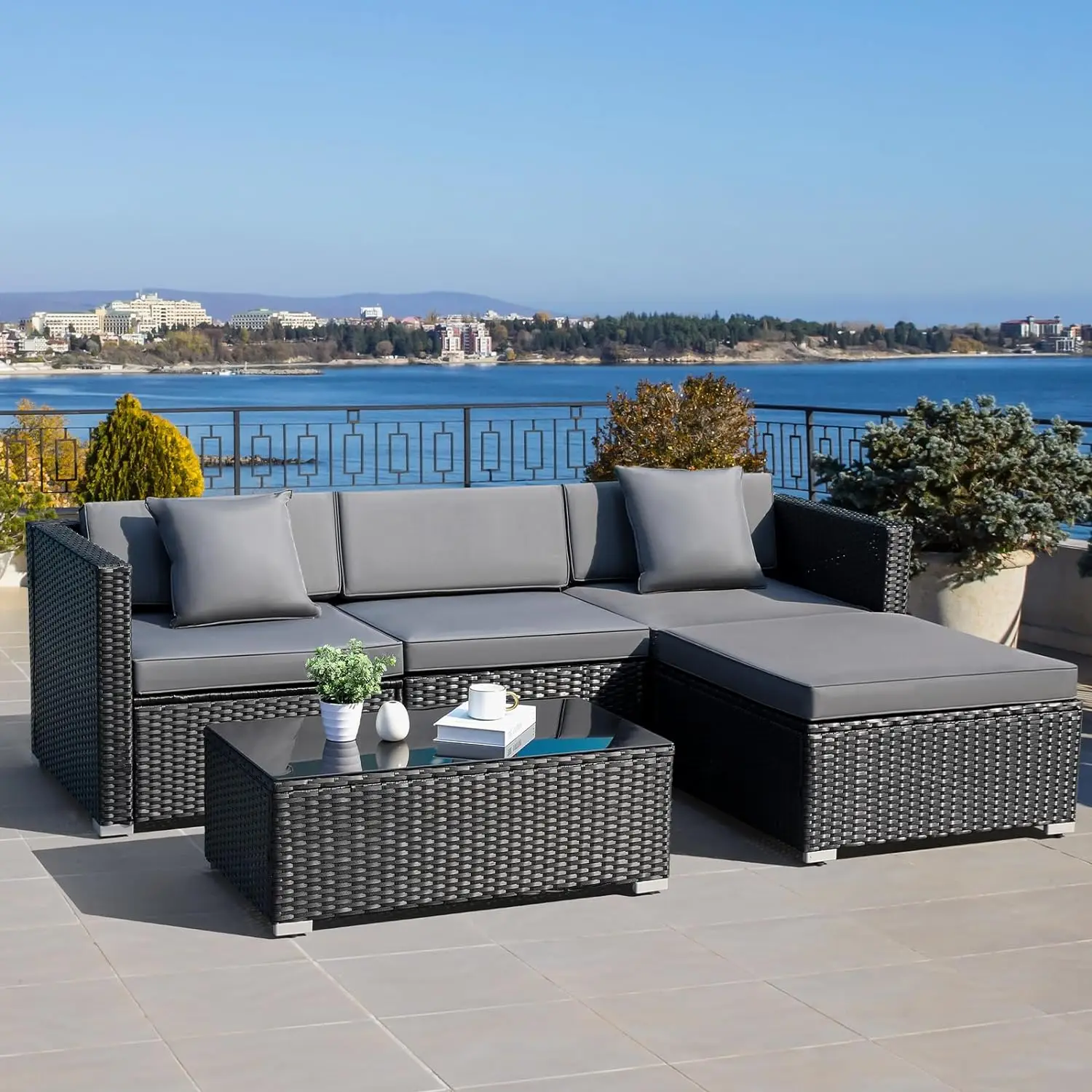 Polyrattan Lounge Sofa for 4-5 People 5PCS Outdoor Furniture Rattan Garden Corner Sofa Set Patio Coffee Table Cushions Pillows