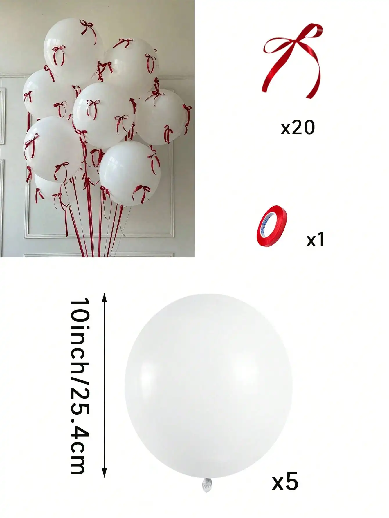 بالونات لاتكس بيضاء مقاس 10 بوصة مع مجموعة تزيين ربطة عنق حمراء لحفلات الزفاف وأعياد الميلاد ومواقد الذكرى السنوية للعام الجديد #5