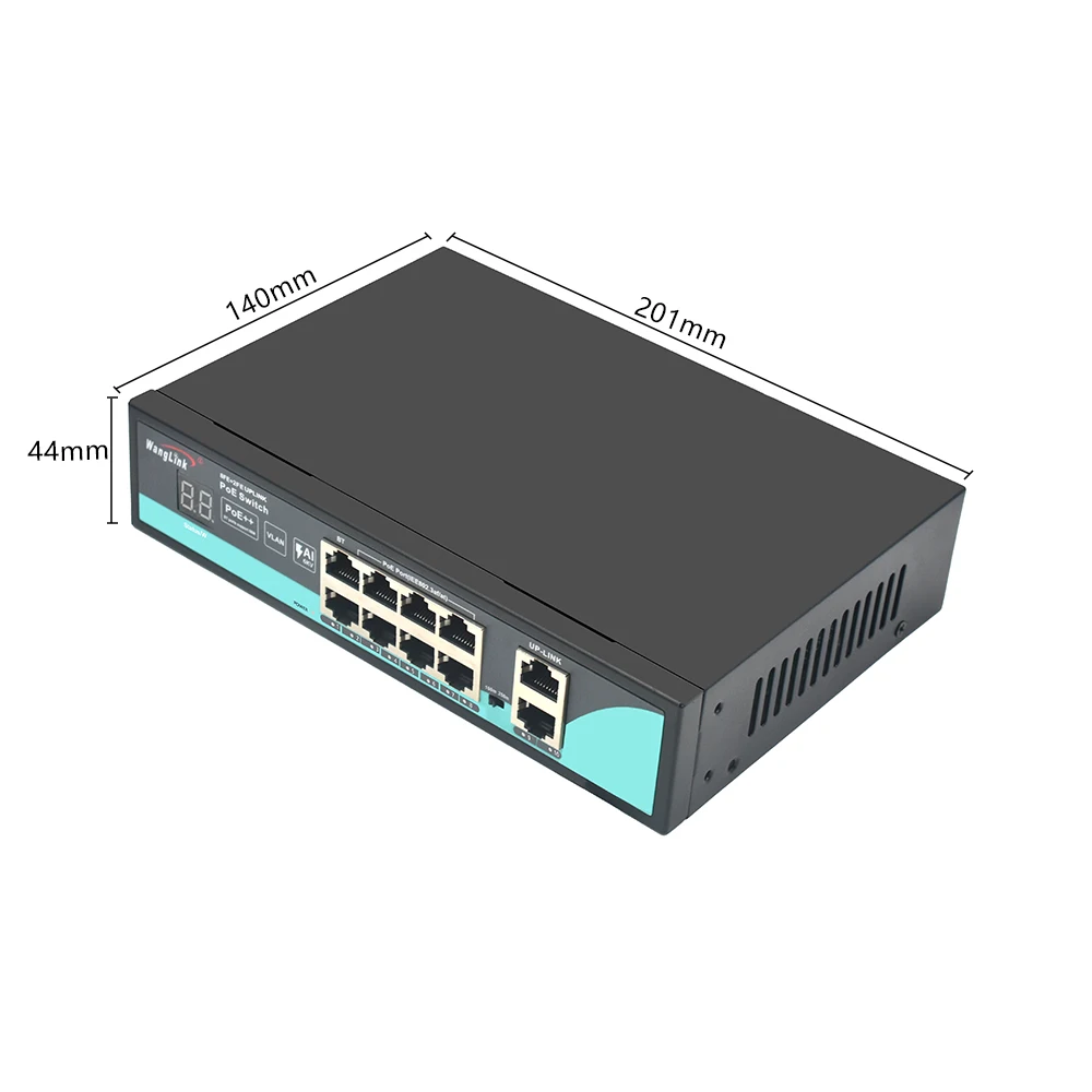 Wanglink PoE Switch 8 Port PoE 2*100M OEM AI + 6KV POE Switch with Digital Tube Display for Security CCTV Camera