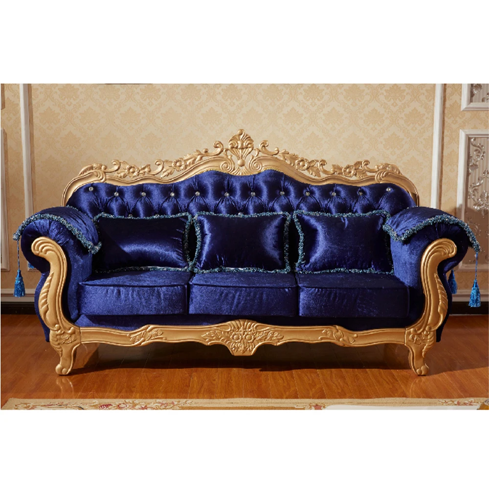 

MANBAS European Fabric Sofa With Gold Carving Solid Wood Frame, Luxurious Large Unit Living Room Cloth Couch for Villa Furniture