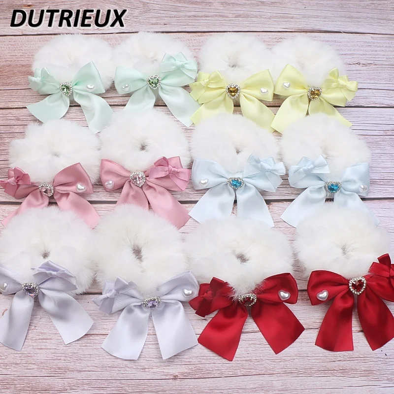 Mine Sweet Cute Handmade Heart Shape Rhinestone Candy Color Hair Rope Ties Kawaii Girl Bow Furry Hair Accessories Female