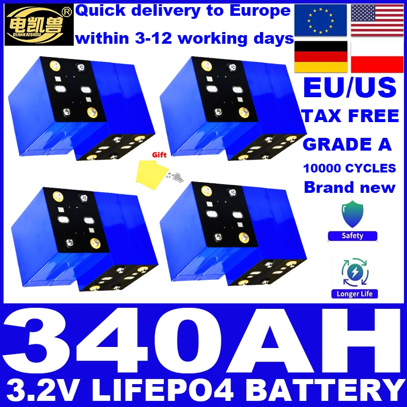 LiFePO4 Rechargeable Battery 3.2V 320Ah 340Ah for DIY Solar Energy RV EV Boat Golf Camping 12V 24V 48V 72V 96V Duty-Free Grade a