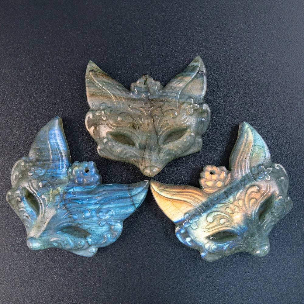 1Pcs Premium Fox head Carving Labradorite 41X42X9MM AA Yellow Blue Flash Carved Gems for Professional Jewelry Designers