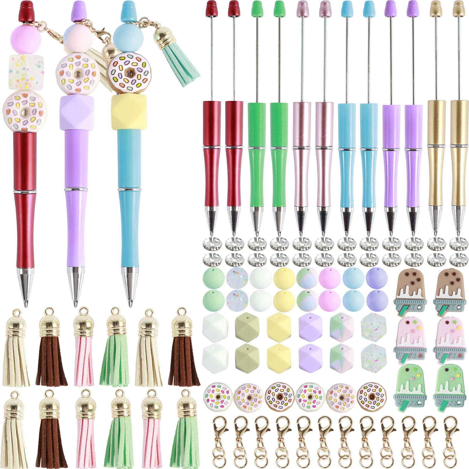 12Pcs/1set  Beadable Pen Set Assorted Plastic Bead Pens with Colorful Beads and Spacer Beads Sister/Donut Themed DIY Beaded Pens