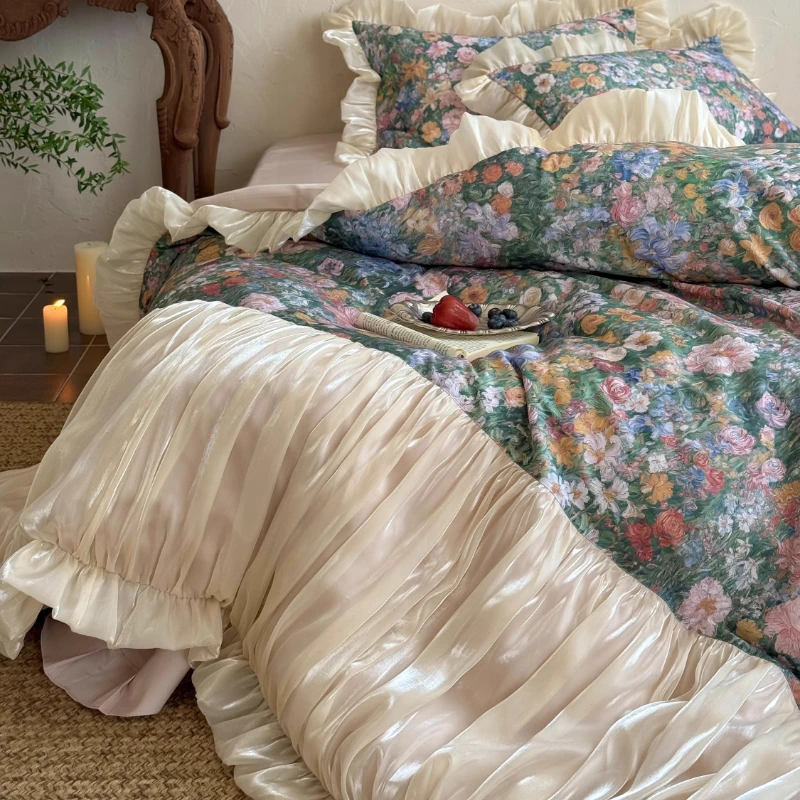 

French retro oil painting feeling cotton long-staple cotton four-piece set pure cotton glazed yarn edge quilt cover bedding