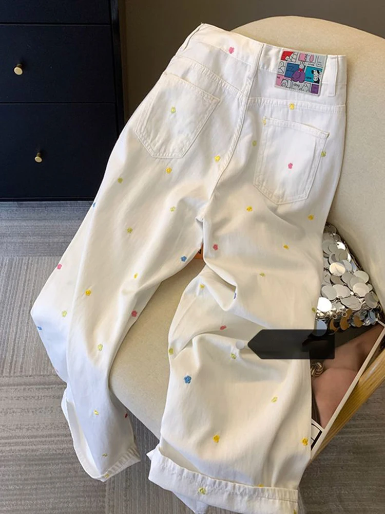 

Korean Floral Jeans For Women Fashion High Waisted Embroidered Straight Leg Pants Summer New Versatile Loose Denim Trousers