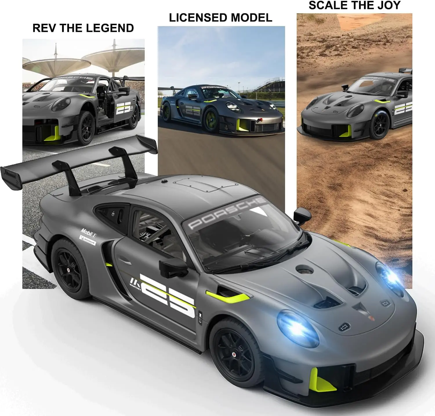 1:18 Scale RC Sports Car Building Kit - 2.4GHz Remote Control Race Vehicle with 76 Pieces, Opening Doors, Working Headlights, Electric Hobby Toy Gift for Adults, Kids, and Boys - Grey