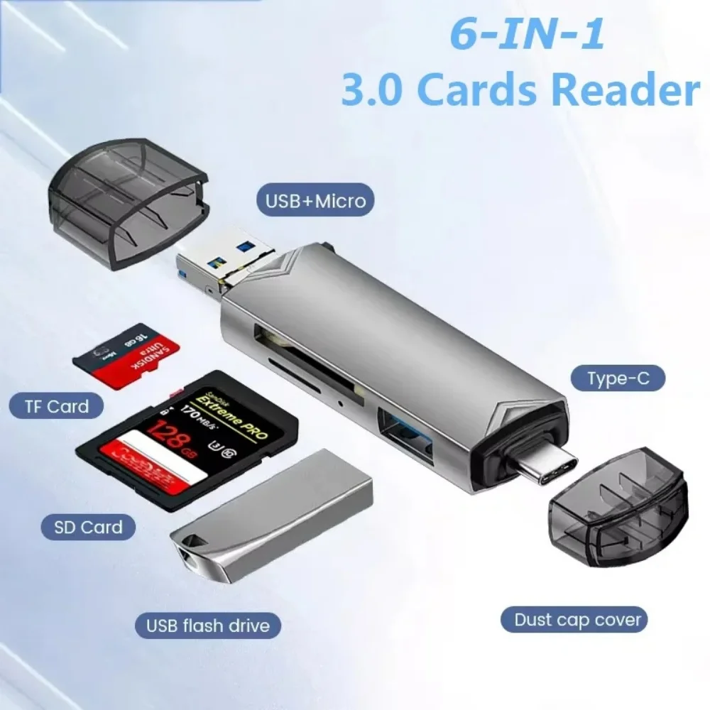 

Многофункциональный USB 3.0 Type-C кардридер 6 в 1, OTG-адаптер для карт памяти TF, SD, U-дисков, для телефонов, ноутбуков и компьютеров