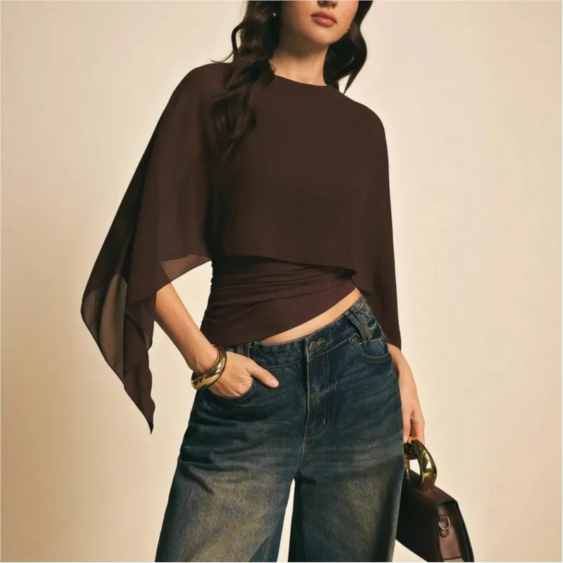 Maglie a maniche lunghe girocollo in chiffon a tinta unita con maniche a mantella, top da donna, camicetta ampia, vestibilità slim, t-shirt irregolare per il commuting