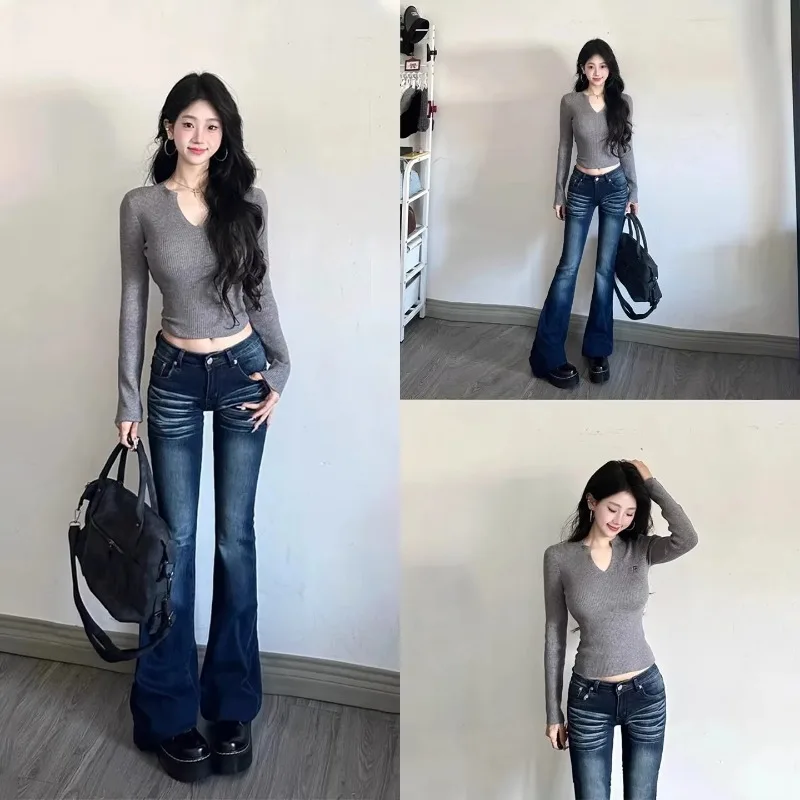 Y2K Casual Womens Low Rise Flared Jeans Autumn 2026 Slim Fit Stretchy Vintage Denim Trousers Retro Chic Daily Wear