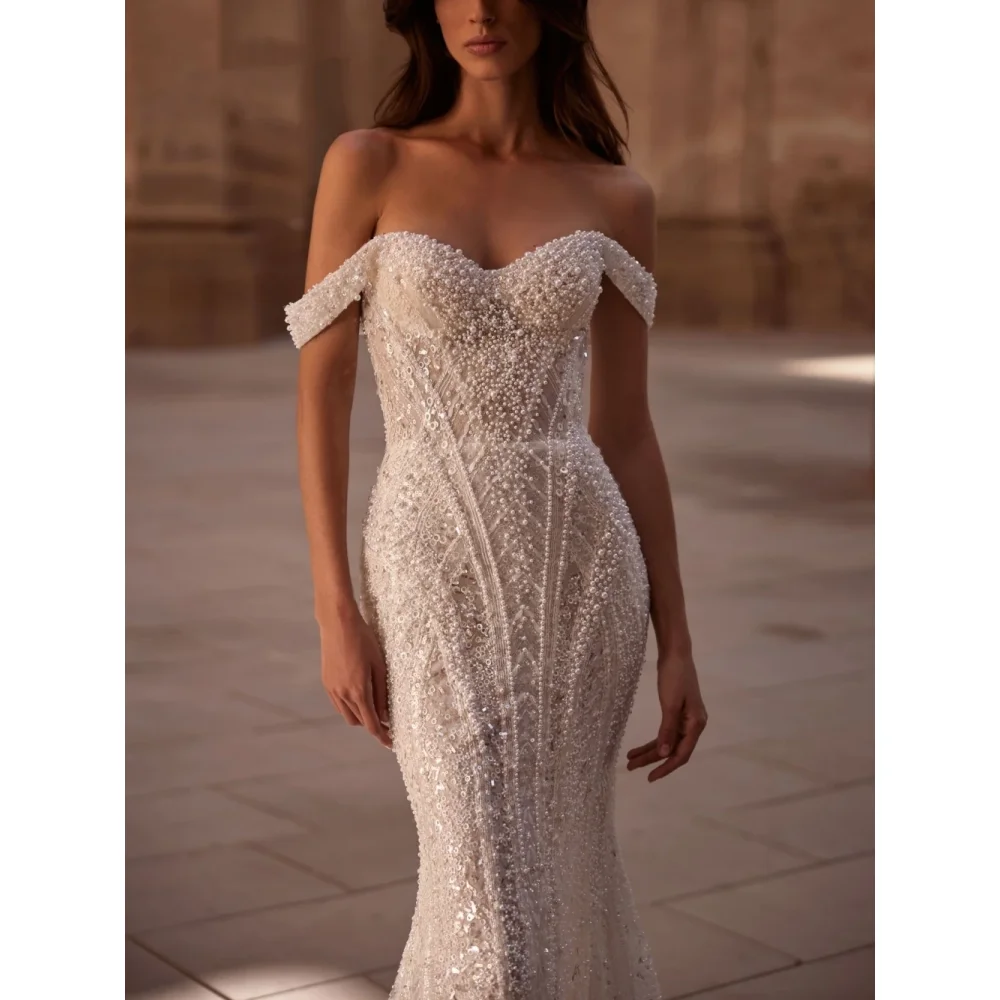 

Sweet Off Shoulder Mermaid Wedding Dress Pearl Glitter Fashion Bride Dress Luxury Sleeveless Wedding Dress Customized