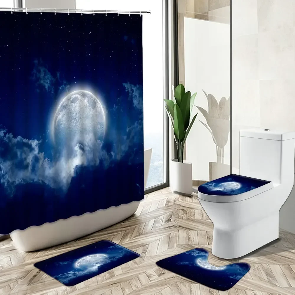 Moon Natural Scenery Shower Curtain Ocean Cloud Night View Non-Slip Carpet Toilet Cover Bath Floor Mat Set Washable Home Decor