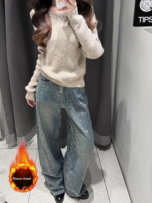 

Женские джинсы Heavy Du со стразами, свободные прямые брюки, осенне-зимний дизайн, утягивающие ромбовидные застежки на пуговицах с низкой талией