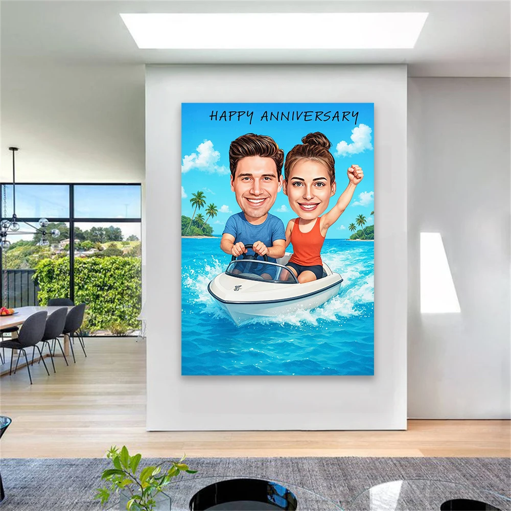 Funny Boat Couple Personalised Cartoon Portrait Poster Funny Wedding Caricature Art Prints Custom Lovers Canvas Painting Decor