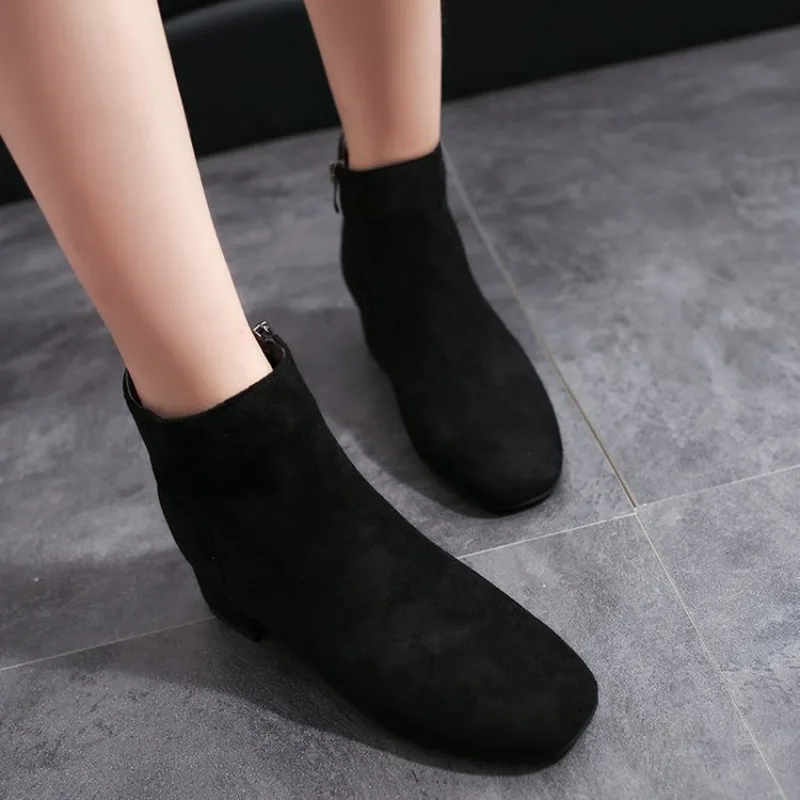 Ankle Boots Women Autumn New Square Head Suede Thick Heel Single Boots Low Barrel Mid Heel Side Zipper Solid Color Women Boots